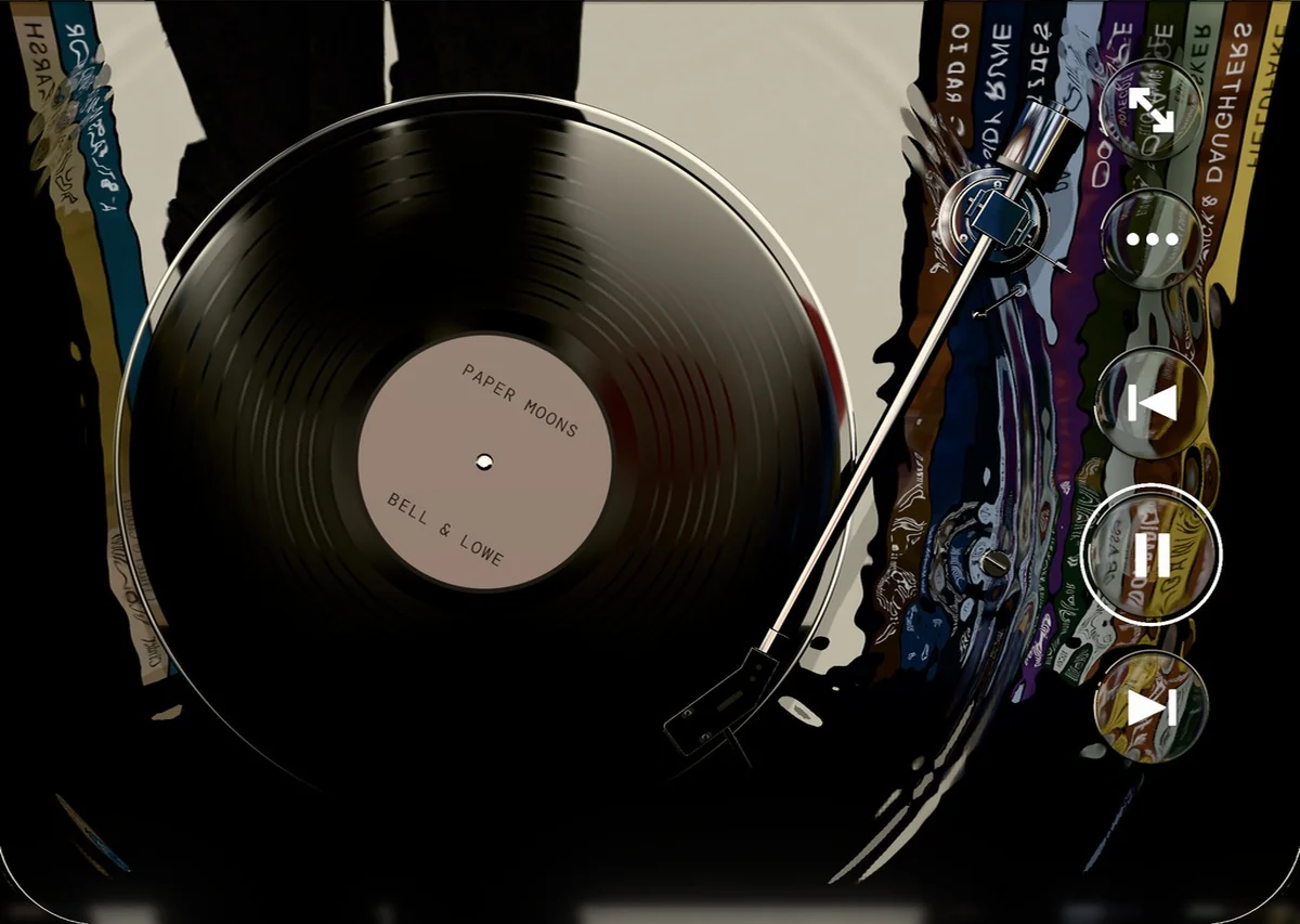 The turntable from above: a record on dark water, the album spines reflected around it.