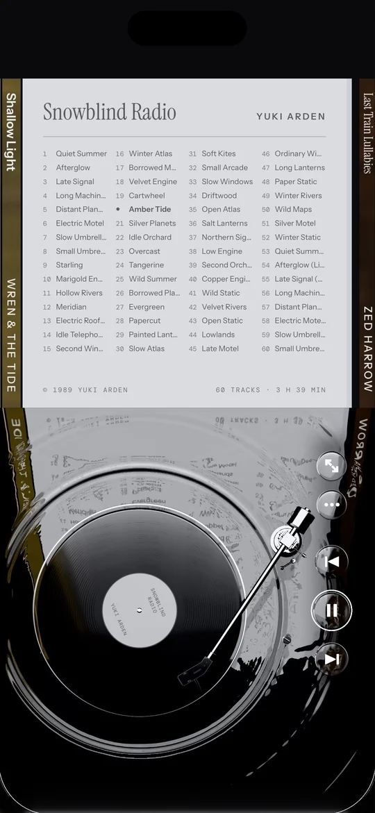 The back of a sixty-track album, every track listed in four columns.